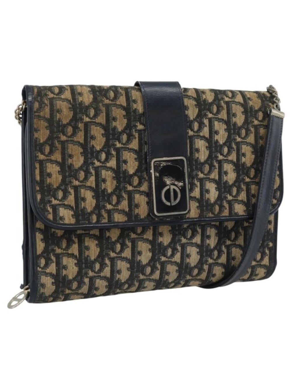 Authentic Christian Dior Trotter Canvas Shoulder Bag Navy Gold